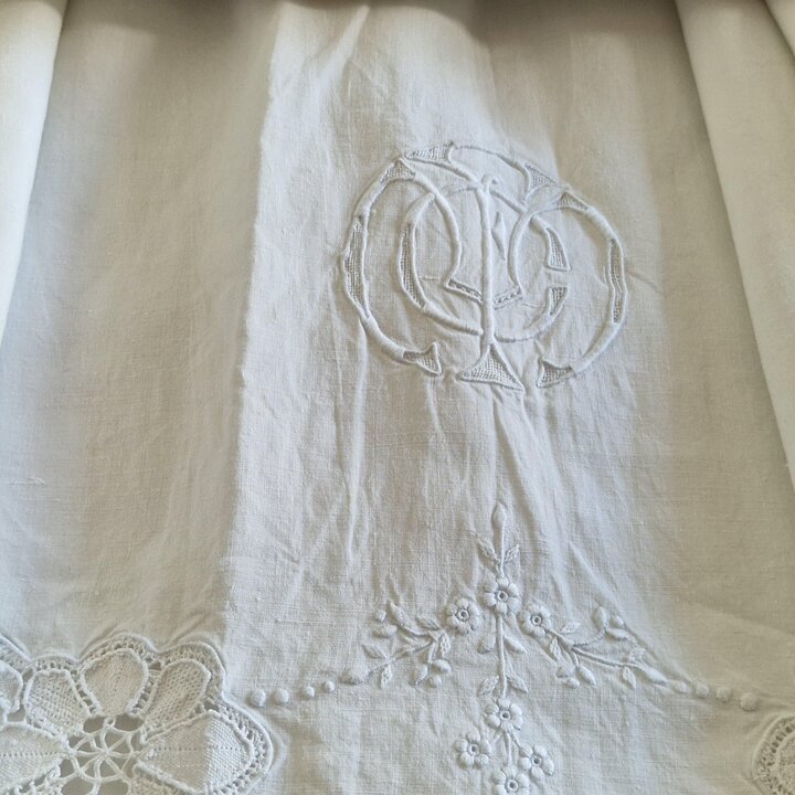 Antique Hand Embroidered Linen Bedding Set with Lace and Monogram