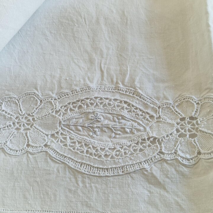 Antique Hand Embroidered Linen Bedding Set with Lace and Monogram
