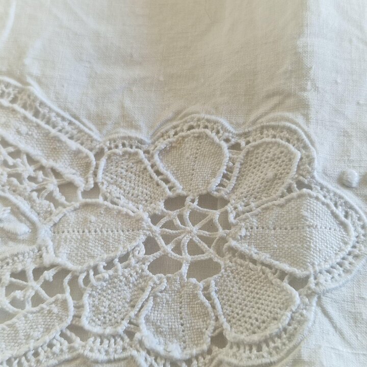 Antique Hand Embroidered Linen Bedding Set with Lace and Monogram