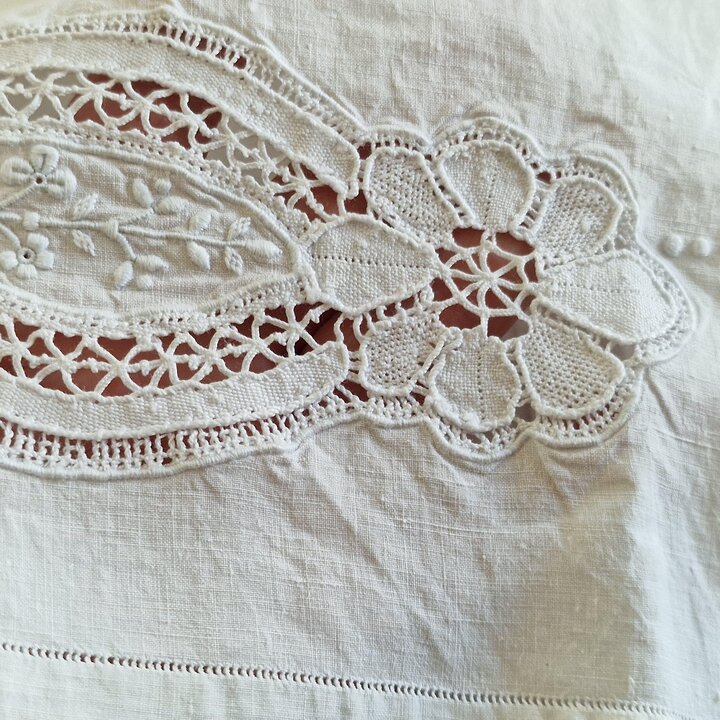 Antique Hand Embroidered Linen Bedding Set with Lace and Monogram