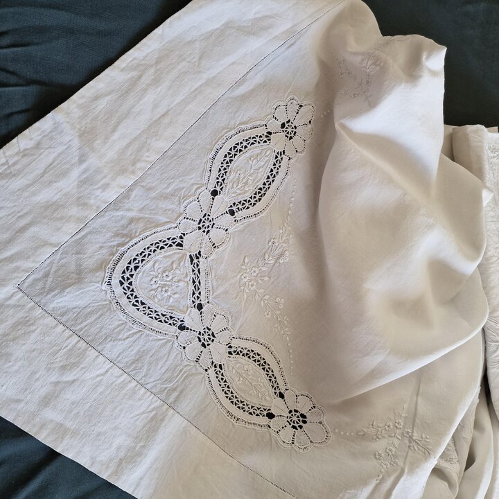 Antique Hand Embroidered Linen Bedding Set with Lace and Monogram