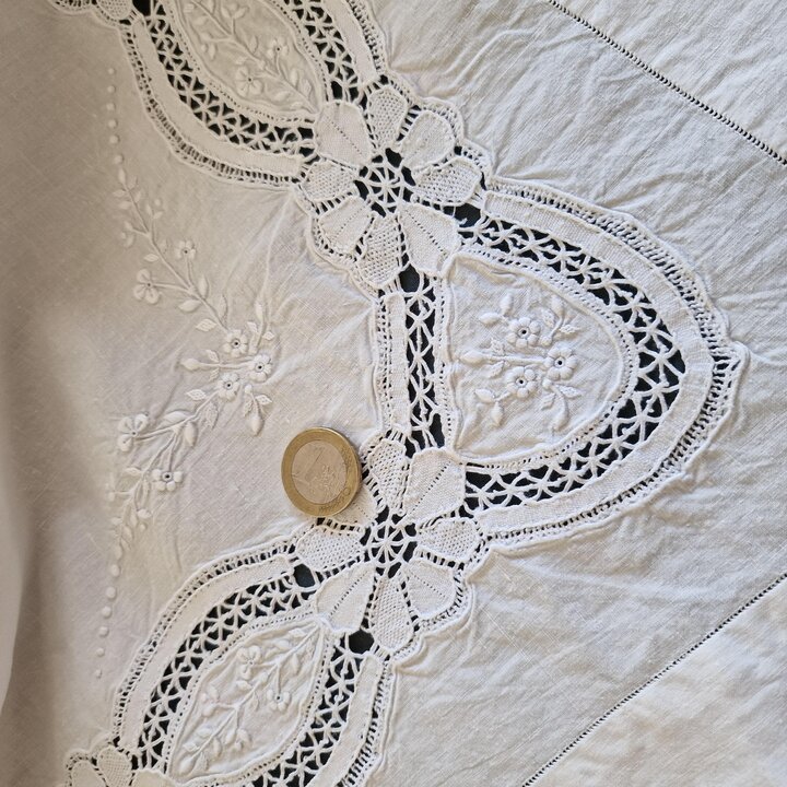 Antique Hand Embroidered Linen Bedding Set with Lace and Monogram