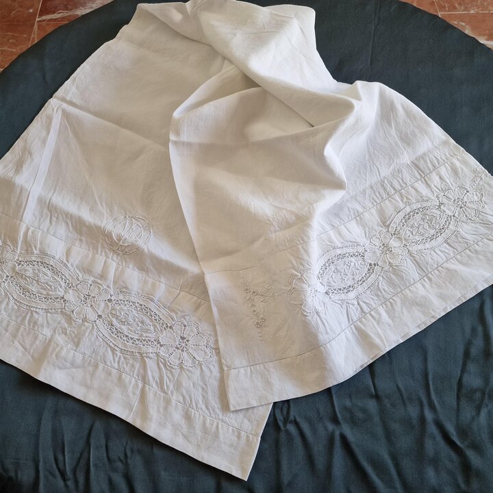 Antique Hand Embroidered Linen Bedding Set with Lace and Monogram