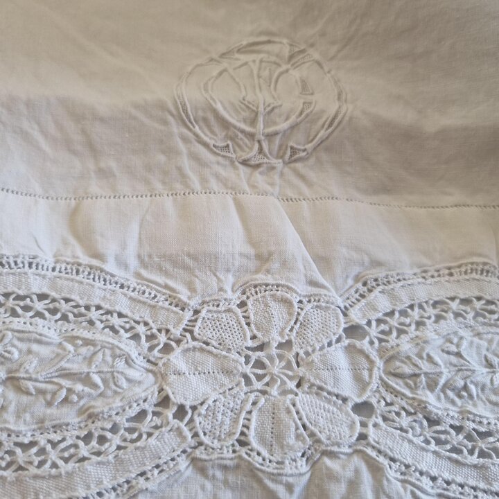 Antique Hand Embroidered Linen Bedding Set with Lace and Monogram