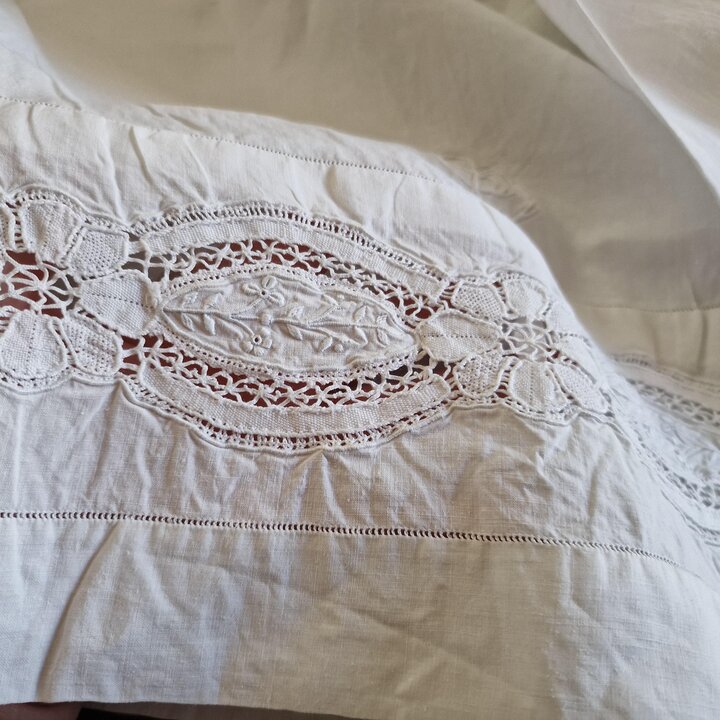 Antique Hand Embroidered Linen Bedding Set with Lace and Monogram
