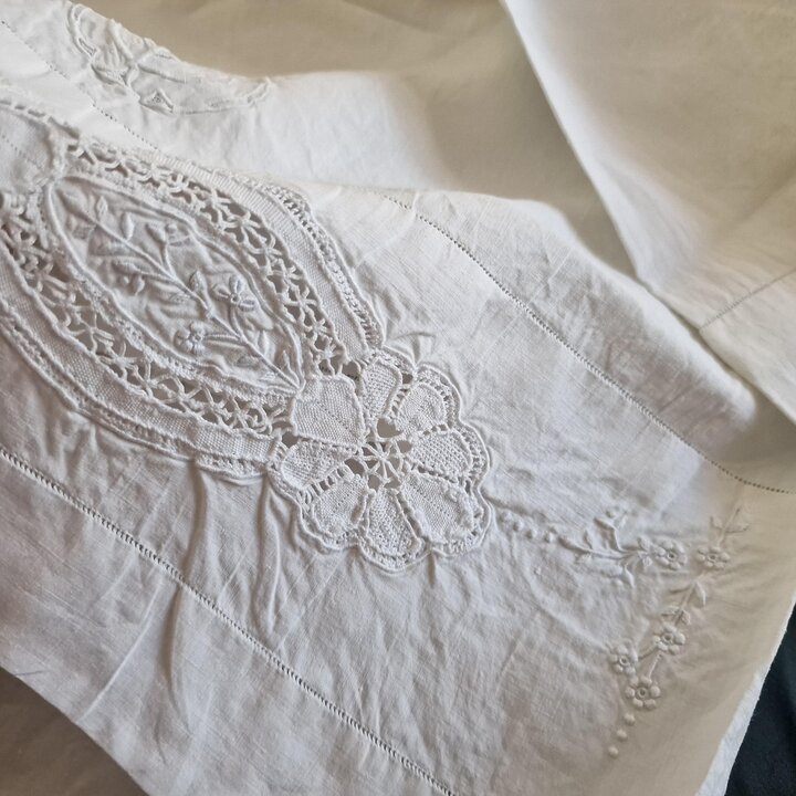 Antique Hand Embroidered Linen Bedding Set with Lace and Monogram