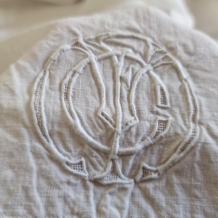 Antique Hand Embroidered Linen Bedding Set with Lace and Monogram