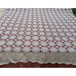Handgehäkelte Spitzentagesdecke, Vintage Baumwolle Bettüberwurf, Antiker Bettbezug 1930er Jahre, Beige Häkeldecke Groß 210x240 c