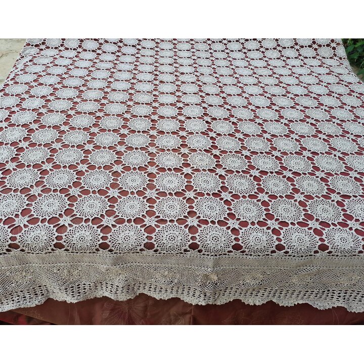 Crochet Home Decor Handmade 1930s Lace Bedspread, Vintage Cotton Coverlet, Antique Bed Throw, Beige Circular Motifs Blanket, Lar