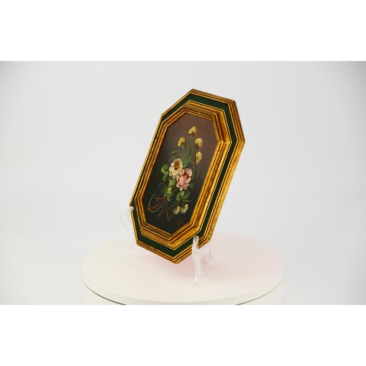 ヴィンテージ静物画花の油絵、金箔を施した八角形の木製フレーム入り、ギャラリーウォール用1990年代の小さな花束のアートボード