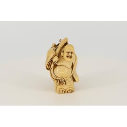 Figurka Budda Hotei Śmiejący Się, Japońskie Okimono Bóg Szczęścia, Żywica Patyna Kość Słoniowa, Feng Shui, Vintage Lata 1990, 8c