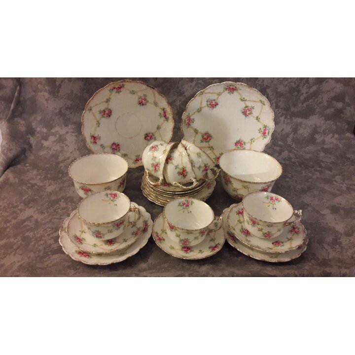 Royal Stafford China Tea Set, Vintage Porcelain Rose Trellis Pattern 1616, 22 Piece Dessert Service, c. 1930s