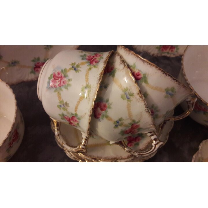 Royal Stafford China Teeservice, Vintage Porzellan Rosengitter Dekor 1616, 22-teiliges Kaffeeservice, ca. 1930