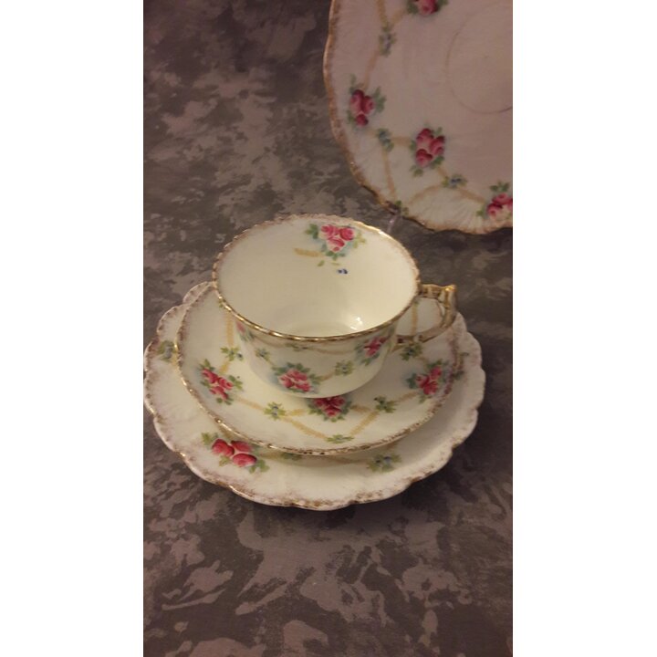 Royal Stafford China Tea Set, Vintage Porcelain Rose Trellis Pattern 1616, 22 Piece Dessert Service, c. 1930s