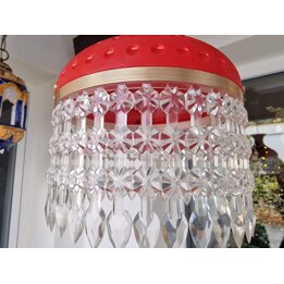 Space Age Plafondlamp Jaren 60, Rode Kunststof en Acryl Kroonluchter, Mid Century Modern Hanglamp, Vintage Retro Verlichting