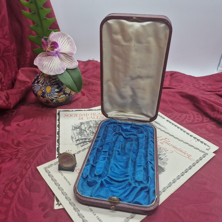 Boite a Bijoux Ancienne Etui a Chapelet, Plateria de Francisco Peris Valencia, Ecrin de Presentation en Cuir et Soie, Espagne Ci