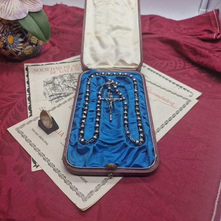 Estuche Antiguo de Joyeria y Rosario, Plateria de Francisco Peris Valencia, Caja de Presentacion en Piel y Seda, Espana Siglo XI