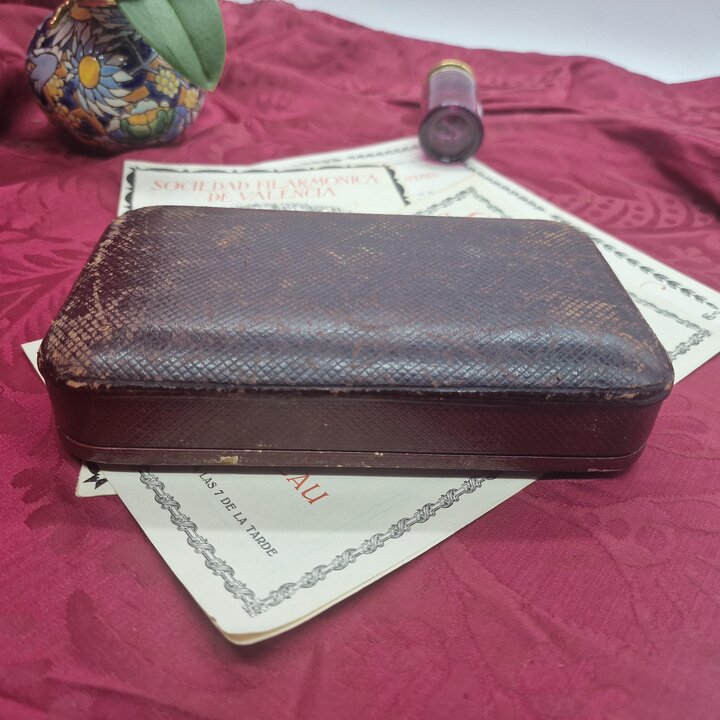 Antike Schmuckschatulle Rosenkranz Etui, Plateria de Francisco Peris Valencia, Leder und Seide Prasentationsbox, Spanien um 1900