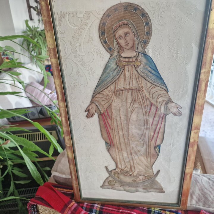Antique Embroidered Icon, Immaculate Conception Tapestry, Our Lady of Graces, Virgin Mary Guadalupe Catholic Art, Silk Gold Thre