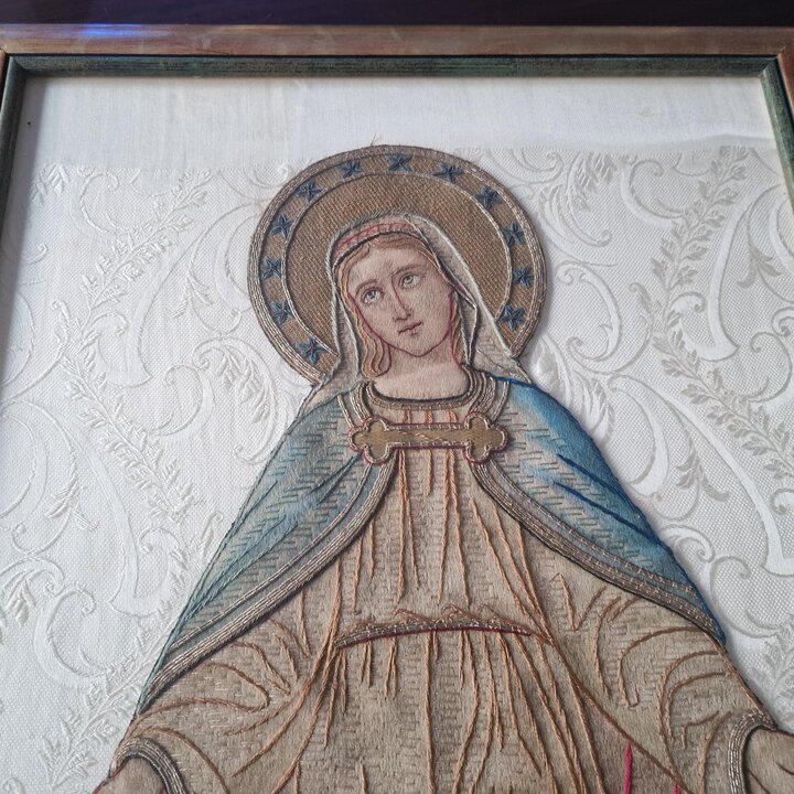 Bordado Antiguo de la Inmaculada Concepción, Icono Religioso, Virgen de la Medalla Milagrosa, Tapiz de Seda e Hilos de Oro, Sigl