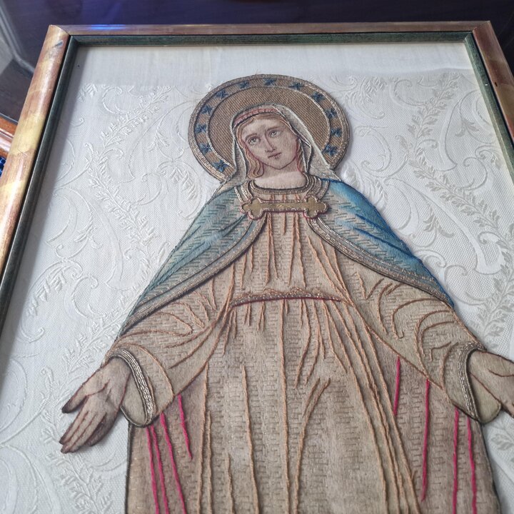 Ricamo Antico Immacolata Concezione, Icona Religiosa, Quadro Madonna di Guadalupe, Arazzo Seta e Fili d Oro, Fine XIX Secolo