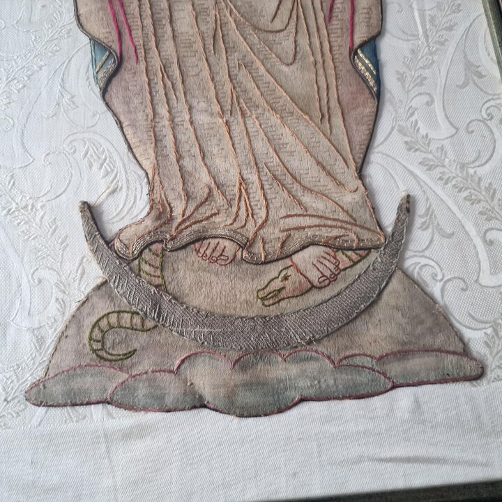 Bordado Antiguo de la Inmaculada Concepción, Icono Religioso, Virgen de la Medalla Milagrosa, Tapiz de Seda e Hilos de Oro, Sigl