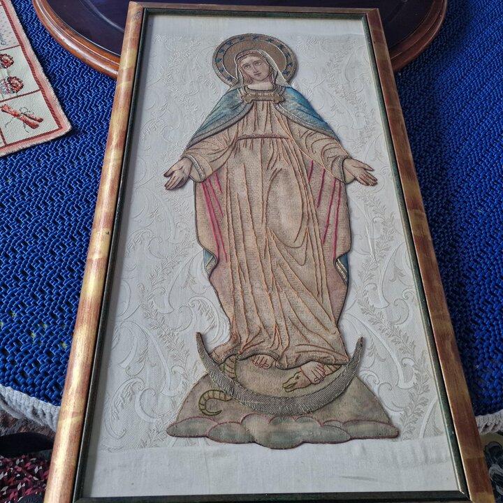 Bordado Antiguo de la Inmaculada Concepción, Icono Religioso, Virgen de la Medalla Milagrosa, Tapiz de Seda e Hilos de Oro, Sigl