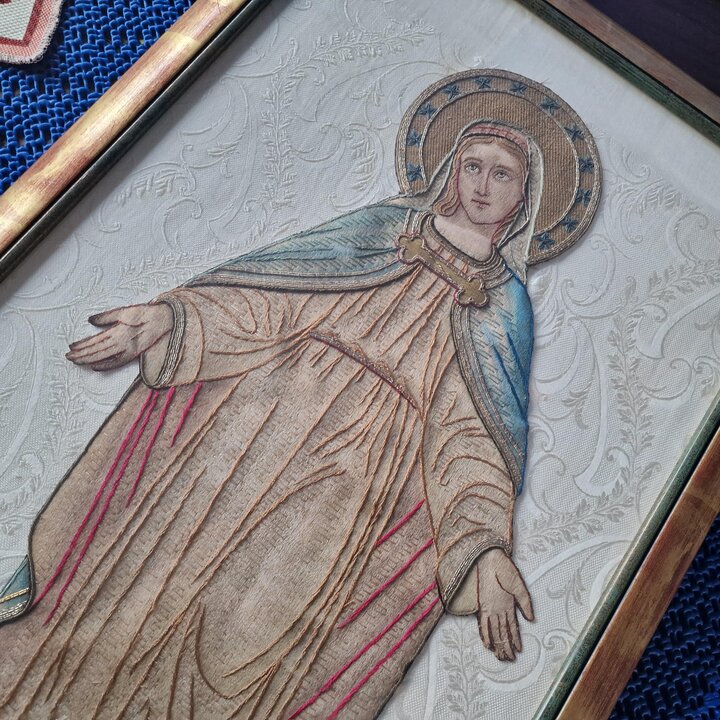 Bordado Antiguo de la Inmaculada Concepción, Icono Religioso, Virgen de la Medalla Milagrosa, Tapiz de Seda e Hilos de Oro, Sigl