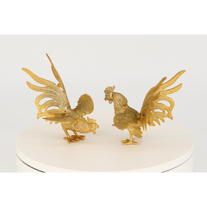闘鶏の金属製フィギュア 2体セット - ゴールドトーン - ヴィンテージ・アニマル彫刻 - テーブルデコレーション