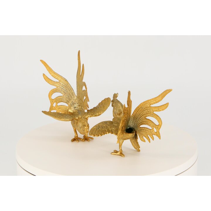 Par de Estatuetas de Galos de Briga em Metal Dourado - Esculturas Vintage de Animais - Decoração de Mesa
