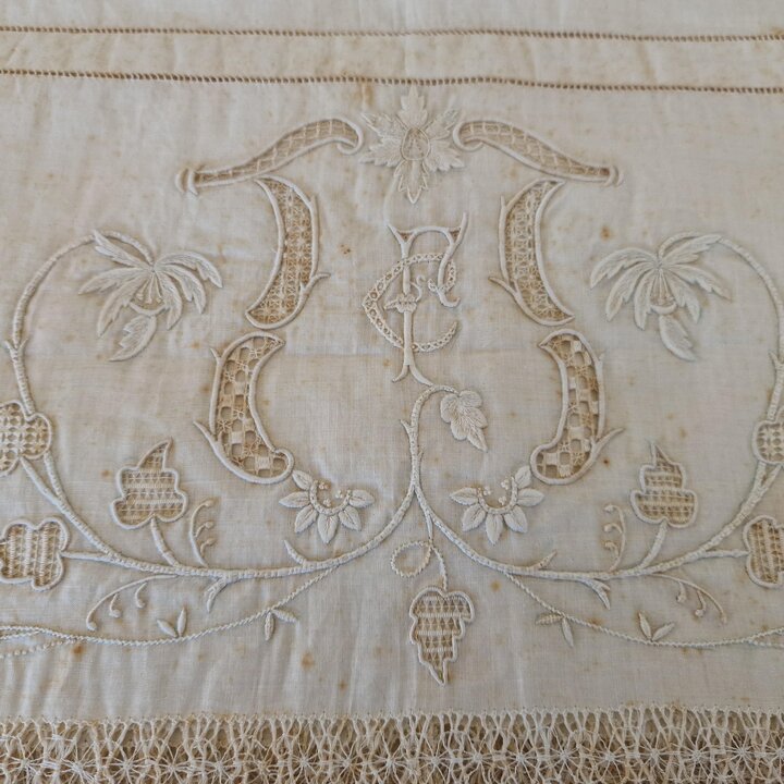 Federa per Traversino Antica in Lino, Monogramma Ricamato a Mano Pizzo, Lino da Corredo Non Usato Circa 1900, 45x180 cm