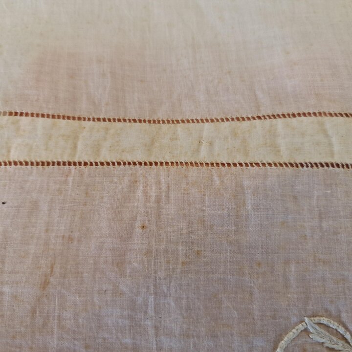 Funda de Almohada de Lino Antigua, Monograma Bordado a Mano Encaje Funda de Traversin, Lino de Ajuar sin Usar Circa 1900, 45x180