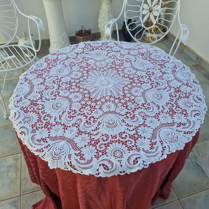 Nappe Ronde Dentelle à l'Aiguille Blanche Ø 80 cm, Fait Main 1950