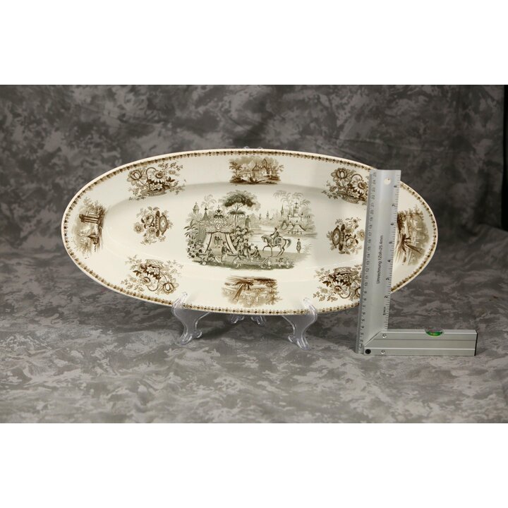 Plat de Service Ovale Céramique David Johnston Bordeaux Scène Orientale Transferware 1834-1845 Faïence Fine XIX Siècle