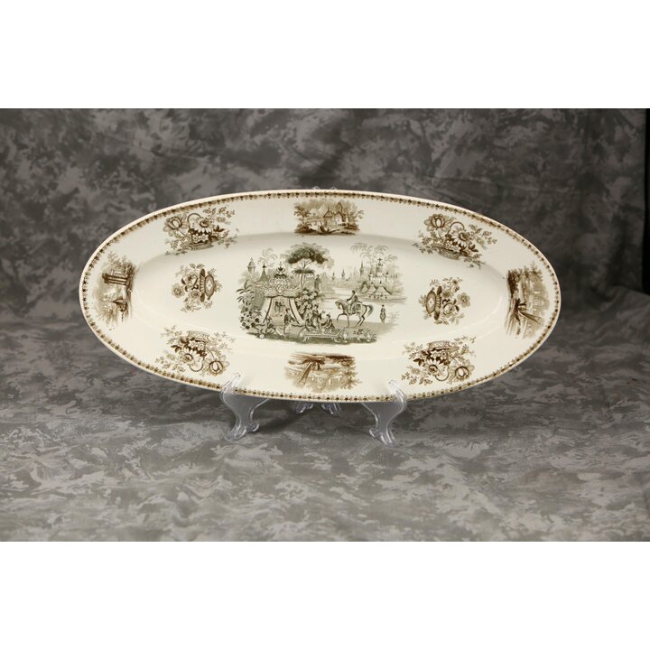 Plat de Service Ovale Céramique David Johnston Bordeaux Scène Orientale Transferware 1834-1845 Faïence Fine XIX Siècle