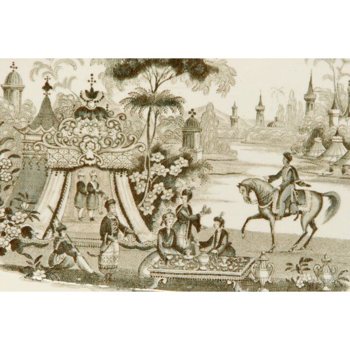 Plat de Service Ovale Céramique David Johnston Bordeaux Scène Orientale Transferware 1834-1845 Faïence Fine XIX Siècle