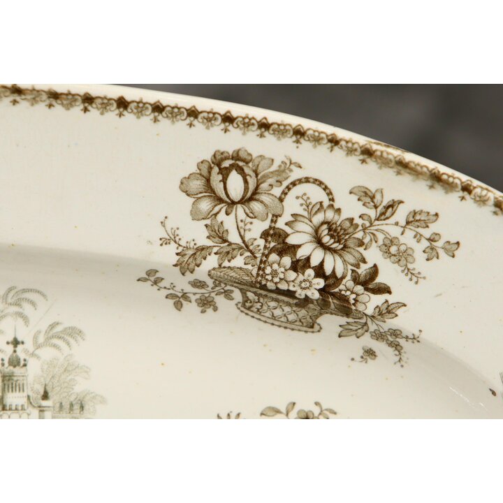 Plat de Service Ovale Céramique David Johnston Bordeaux Scène Orientale Transferware 1834-1845 Faïence Fine XIX Siècle