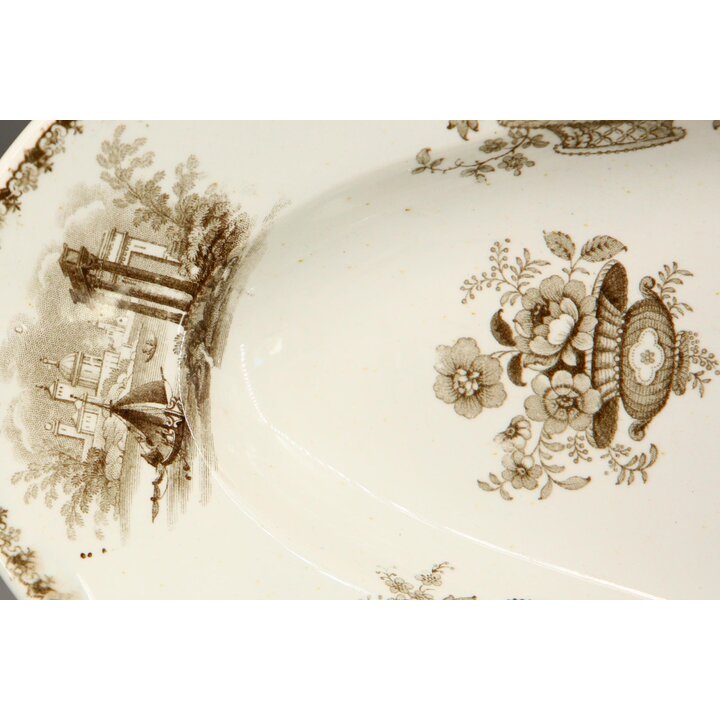 Plat de Service Ovale Céramique David Johnston Bordeaux Scène Orientale Transferware 1834-1845 Faïence Fine XIX Siècle