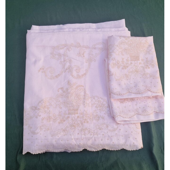Parure de Lit Vintage Calasanz Barcelone Brode Main Batiste Drap 2 Taies d Oreiller Monogramme FJ 3 Pieces Milieu du Siecle