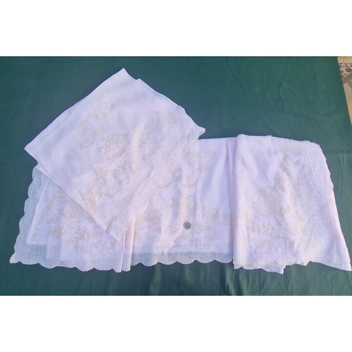 Juego de Cama Vintage Calasanz Barcelona Bordado a Mano Batista Sabana 2 Fundas Monograma FJ 3 Piezas Mediados de Siglo