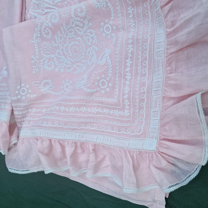 Parure de Lit Vintage Art Deco en Coton Rose avec Drap et Taies, Broderie Main au Point de Chainette Monogramme MT, Set de 3 Pie