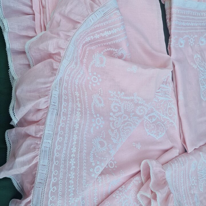 Completo Letto Vintage Art Deco in Cotone Rosa con Lenzuolo e Federe, Ricamato a Mano Punto Catenella Monogramma MT, Set da 3 Pe