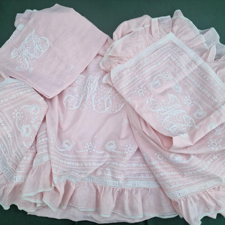 Vintage Art Deco Pink Cotton Bed Set with Sheet and Pillowcases, Hand Embroidered Tambour Lace Monogram Bedding, 3 Pieces