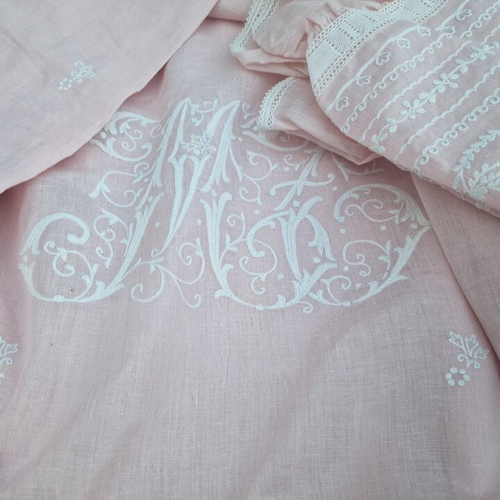Vintage Art Deco Pink Cotton Bed Set with Sheet and Pillowcases, Hand Embroidered Tambour Lace Monogram Bedding, 3 Pieces