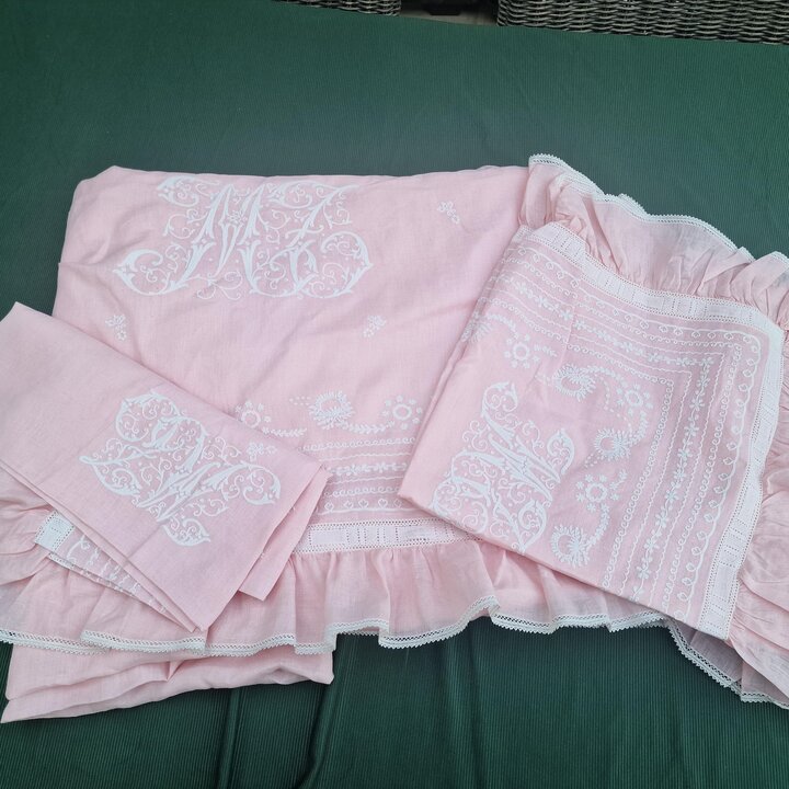 Vintage Art Deco Pink Cotton Bed Set with Sheet and Pillowcases, Hand Embroidered Tambour Lace Monogram Bedding, 3 Pieces