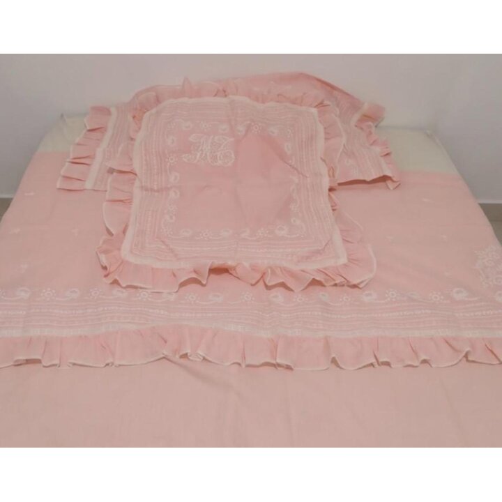 Parure de Lit Vintage Art Deco en Coton Rose avec Drap et Taies, Broderie Main au Point de Chainette Monogramme MT, Set de 3 Pie