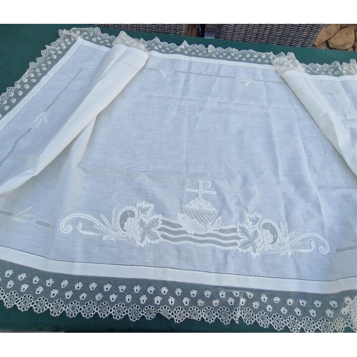 Antique Altar Cloth Eucharistic Cover Church Tablecloth Barcelona Hand Embroidered Linen Needle Lace Early 20th Century