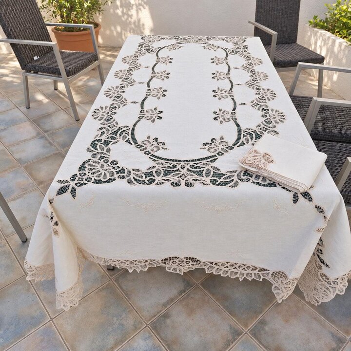 Battenberg Kant Tafelkleed en 12 Servetten Set, Handgemaakte Renaissance Bandkant van Katoen, Ecru, 170x240cm, Jaren 50 Ongebrui