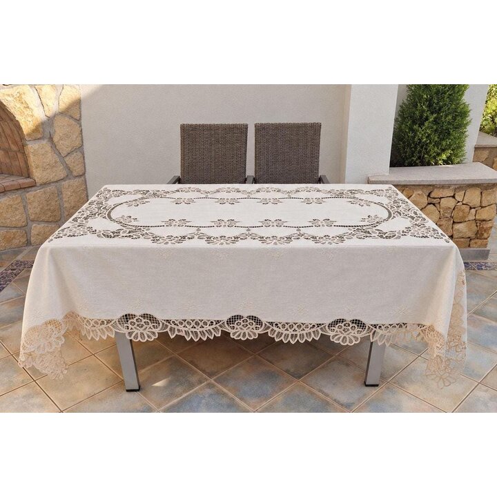 Battenberg Renaissance Lace Tablecloth Set, Handmade Cotton Ecru Table Linen with 12 Napkins, 170x240cm, 1950s Unused Bridal Tro