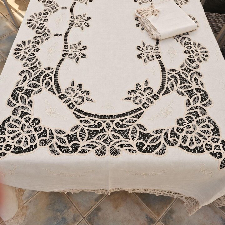Mantel de Encaje Battenberg y 12 Servilletas, Juego de Mesa de Algodon Hecho a Mano, Encaje de Cinta Renacimiento, 170x240cm, An